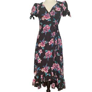 Miami Maxi Ruffled Dress Sz XS Wrap Floral Francesca Puffed Sleeves lined Hi Lo